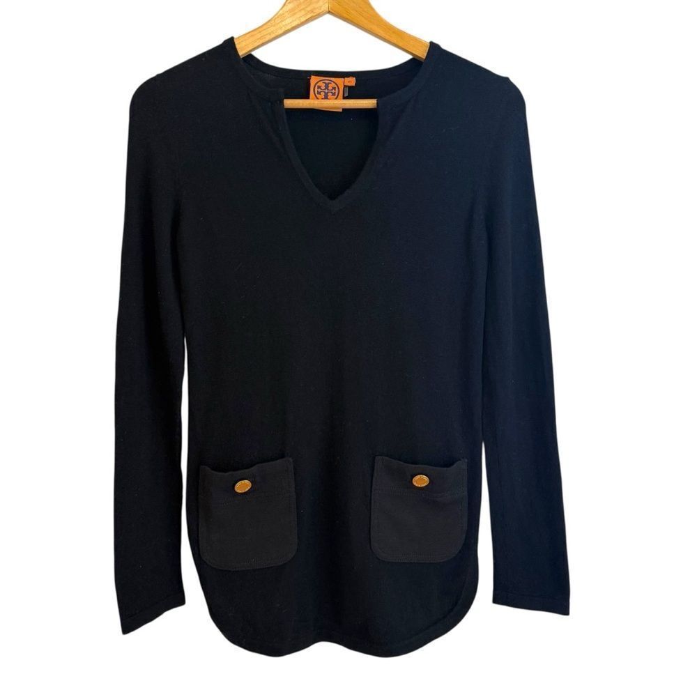 Tory Burch Black Wool Cashmere Blend V-Neck Tunic Length Sweater Size XS